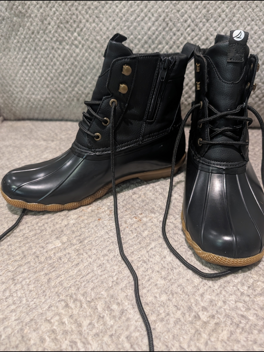 Sperry Black Waterproof Lace-Up Duck Boots with Tan Sole